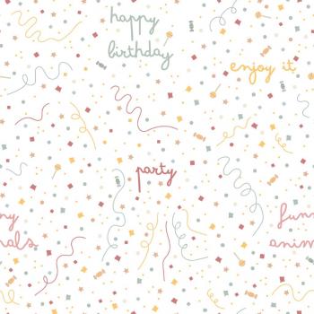 1,85 m Baumwoll Jersey Druck Happy Birthday Schrift und Konfetti auf Weiß